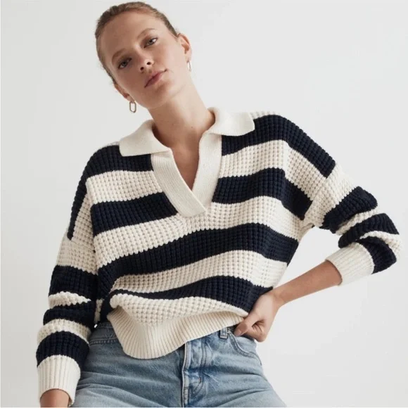 Madewell Antique Cream Striped Waffle-Knit Henley Sweater Size M Relaxed Fit - Picture 2 of 16